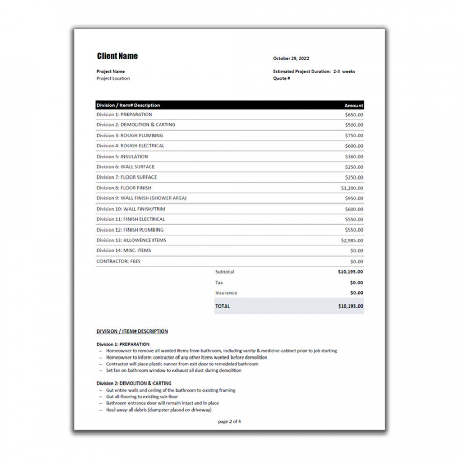 Bathroom Renovation Estimate Template Design   Remodeling Estimate   Excel Template  Invoice Template