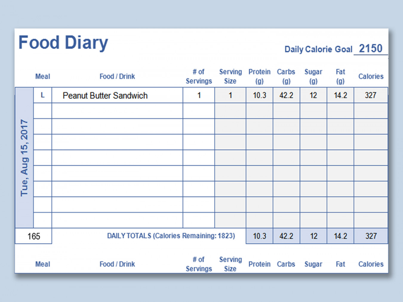 EXCEL of Daily Food Diary