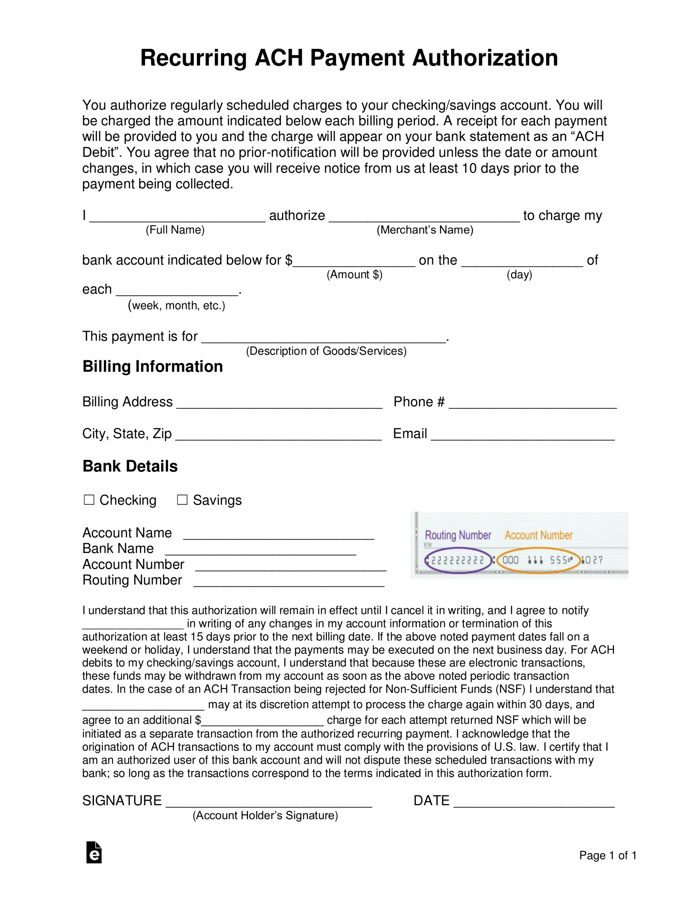 Free Recurring ACH Payment Authorization Form - PDF  Word – eForms