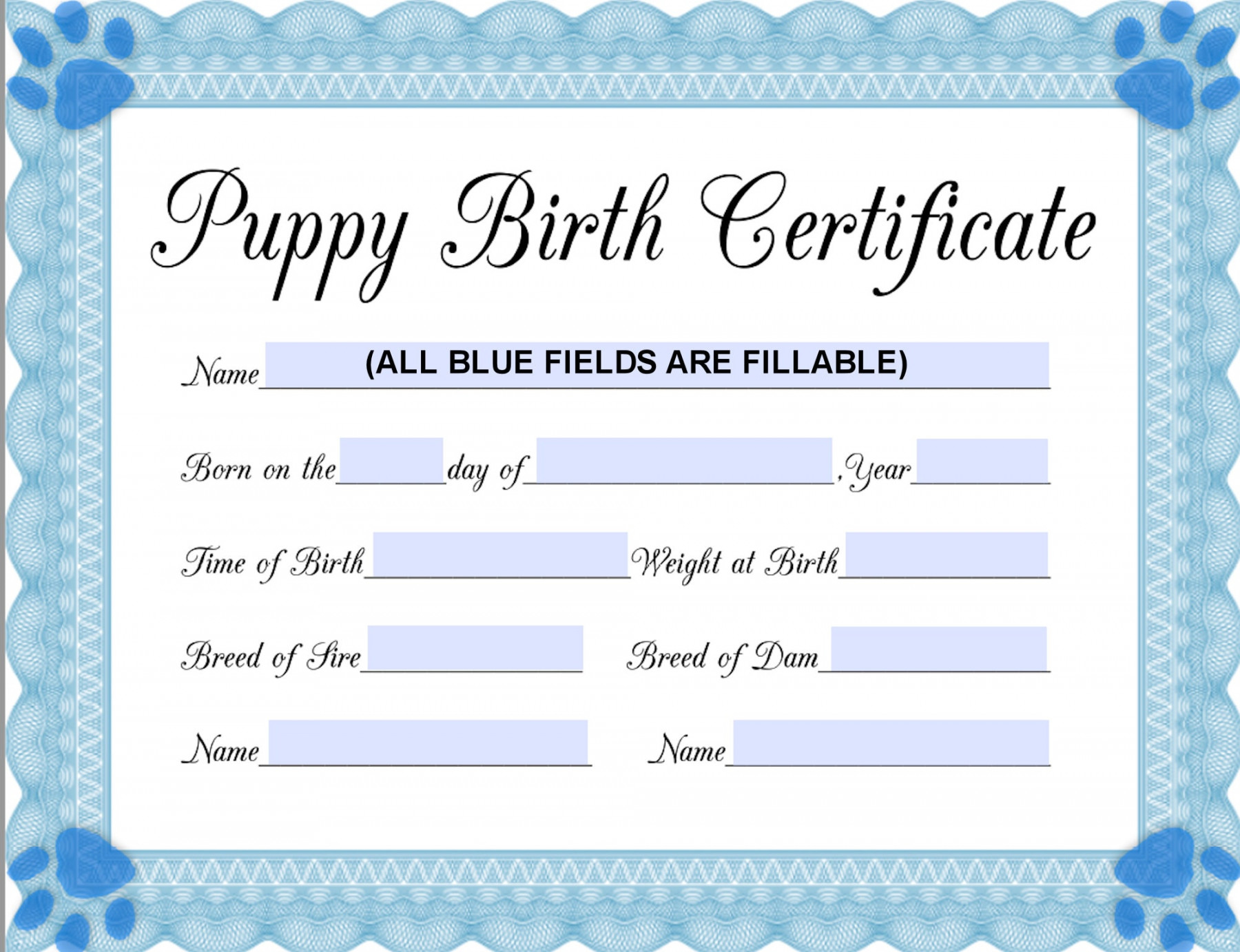 INSTANT Fillable Printable PDF Puppy Birth Certificate - Etsy