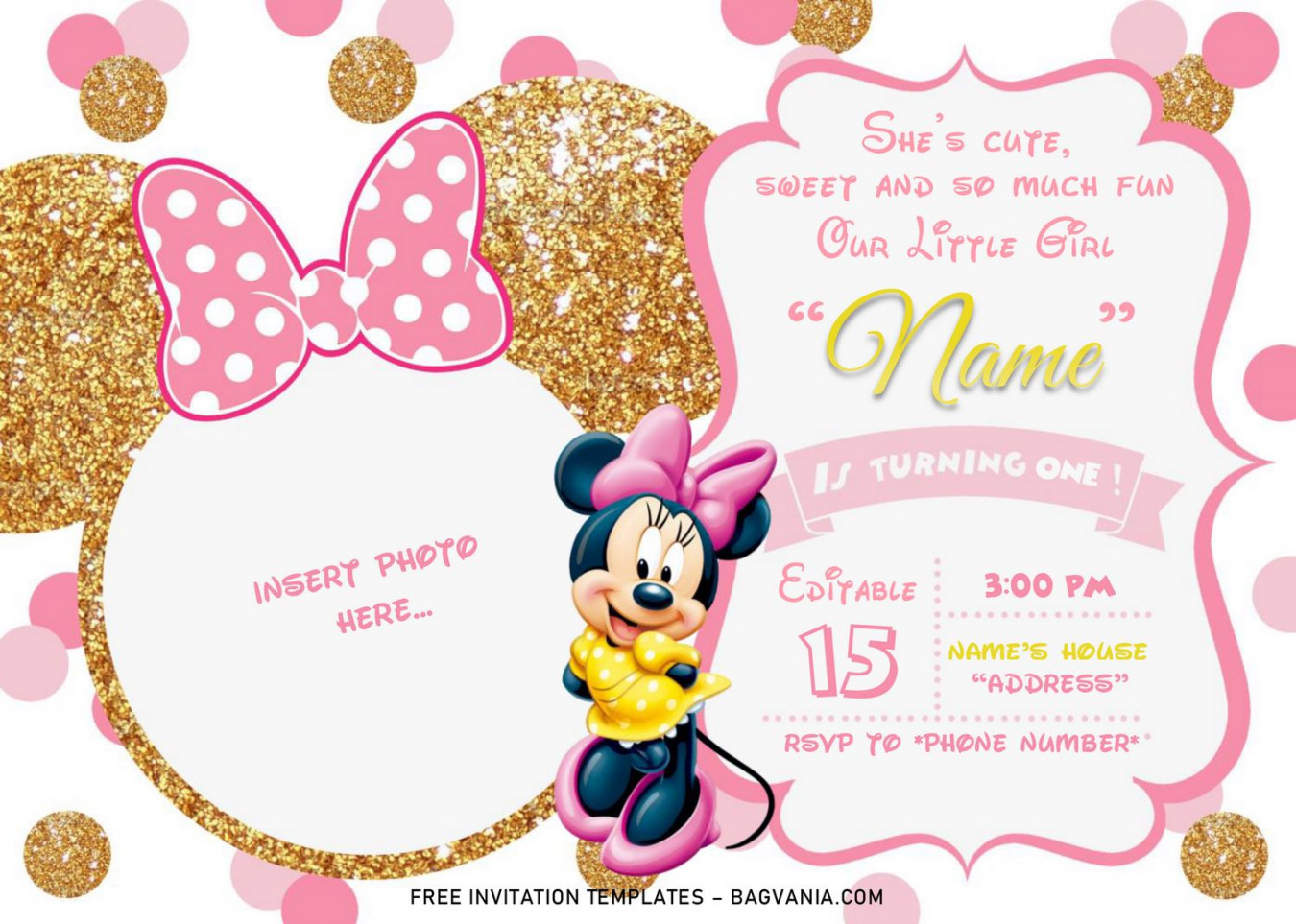 Pink And Gold Minnie Mouse Birthday Invitation Templates