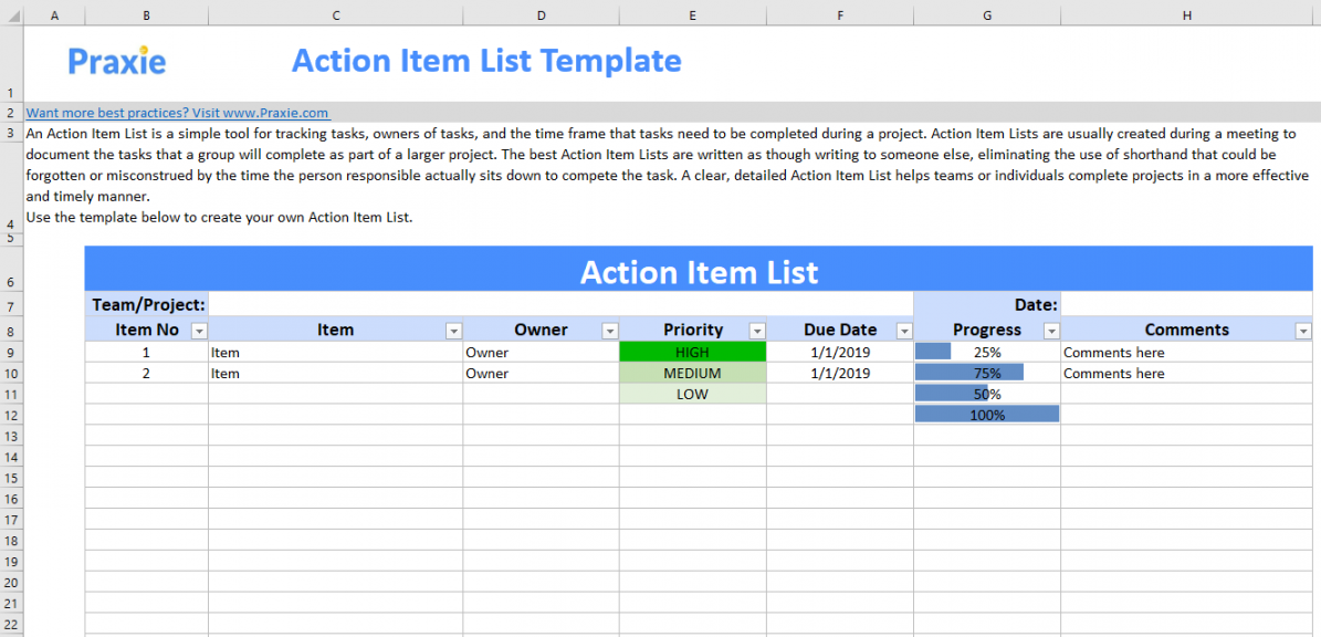 Action Item List Template – Project Management Software Online Tools