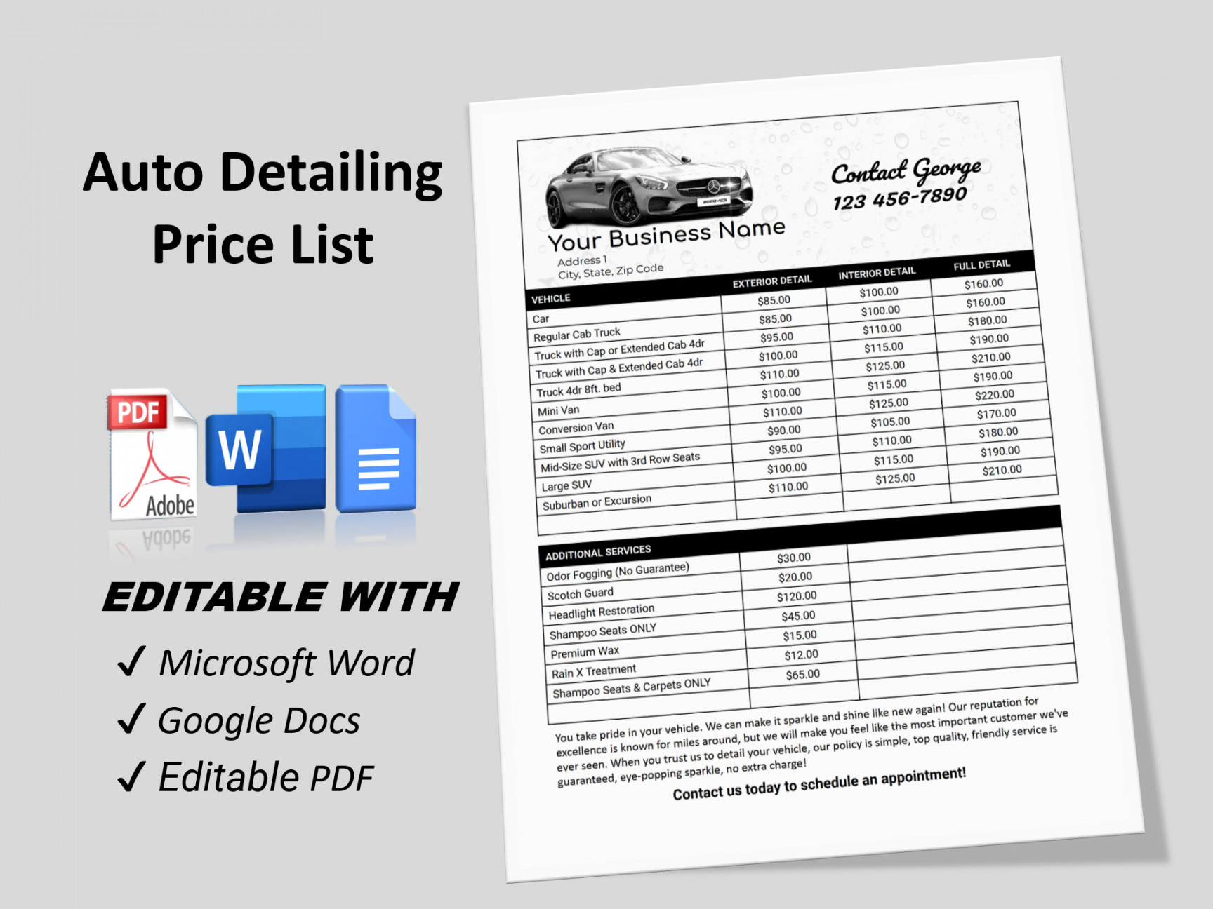 Auto Detailing Price List Mobile Auto Detailing Price Menu - Etsy