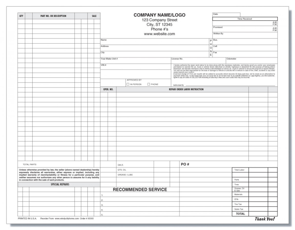 Automotive Repair Work Order and Invoice Forms