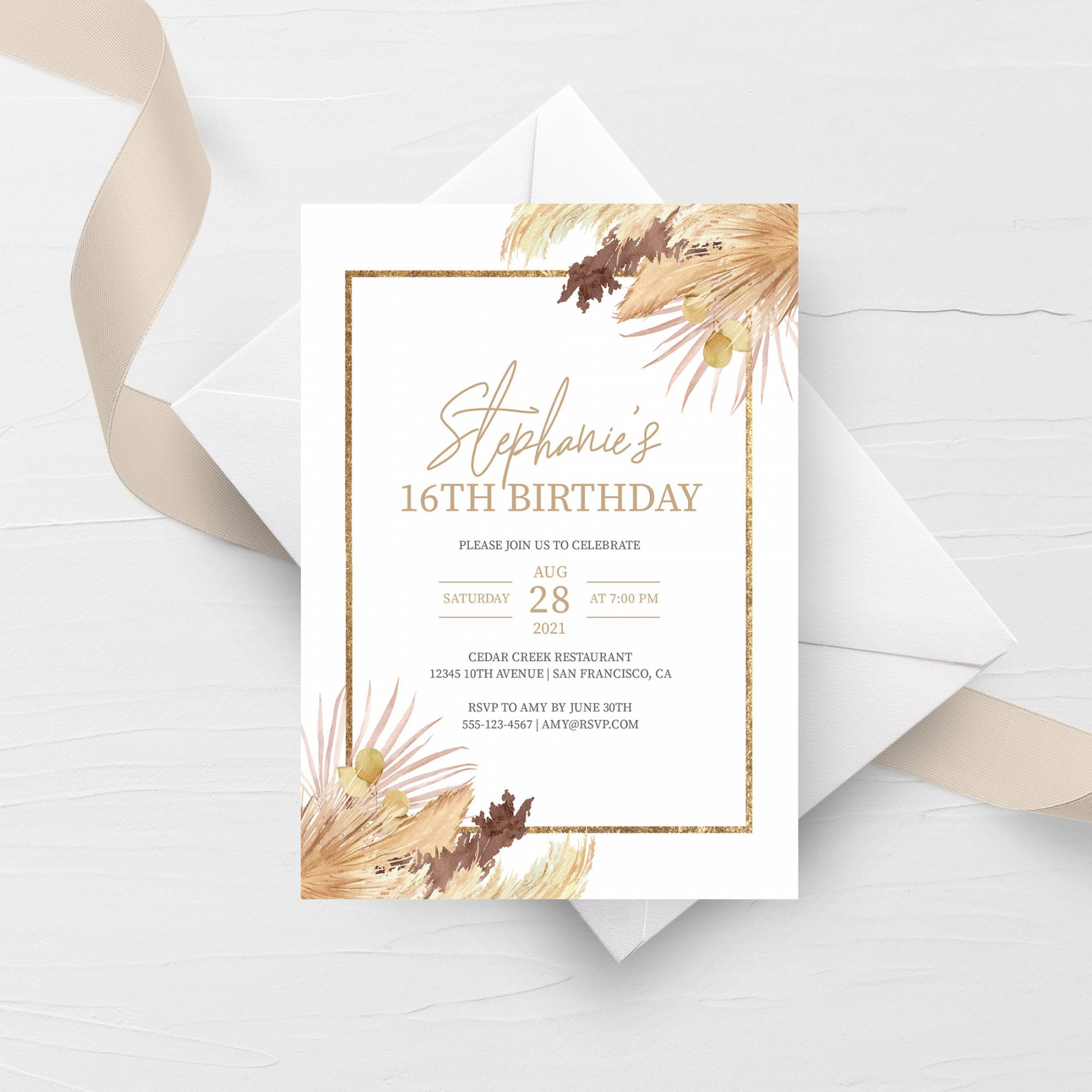 Desert Boho Sweet  Invitation Template, Printable Pampas Grass Sweet  Sixteen Invite, Editable INSTANT DOWNLOAD - DP