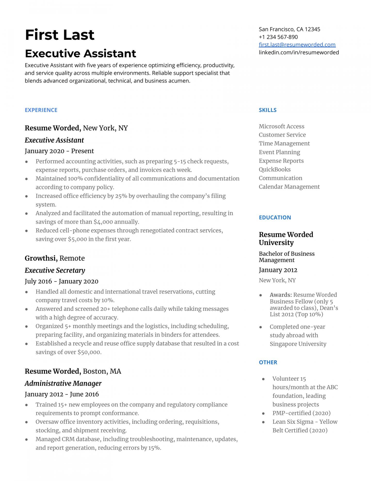 Executive Assistant Resume Examples for   Resume Worded