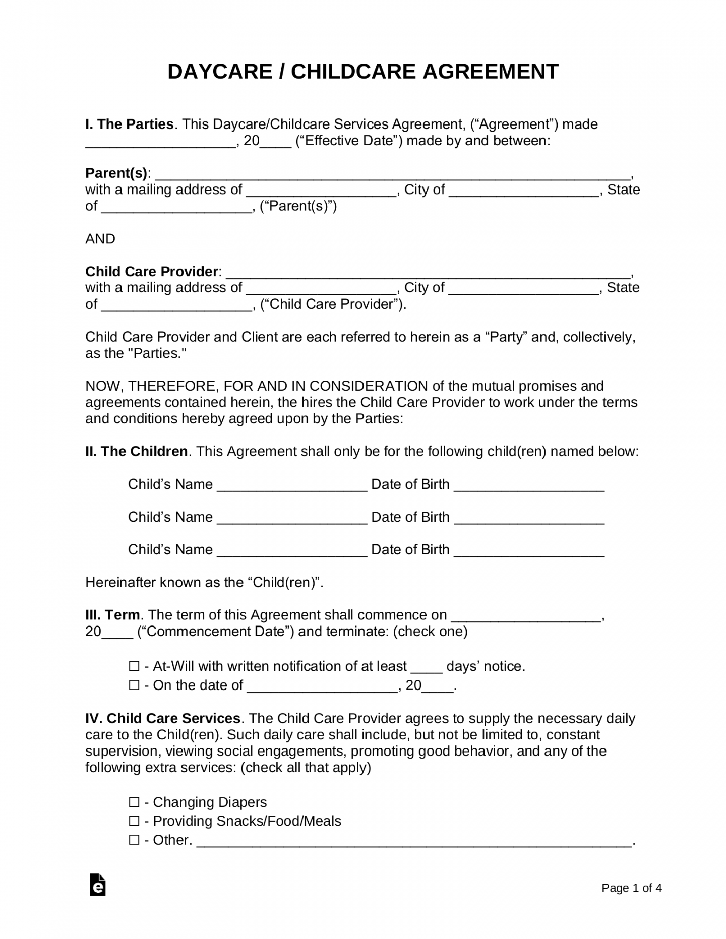 Free Daycare (Child Care) Contract Template - PDF  Word – eForms