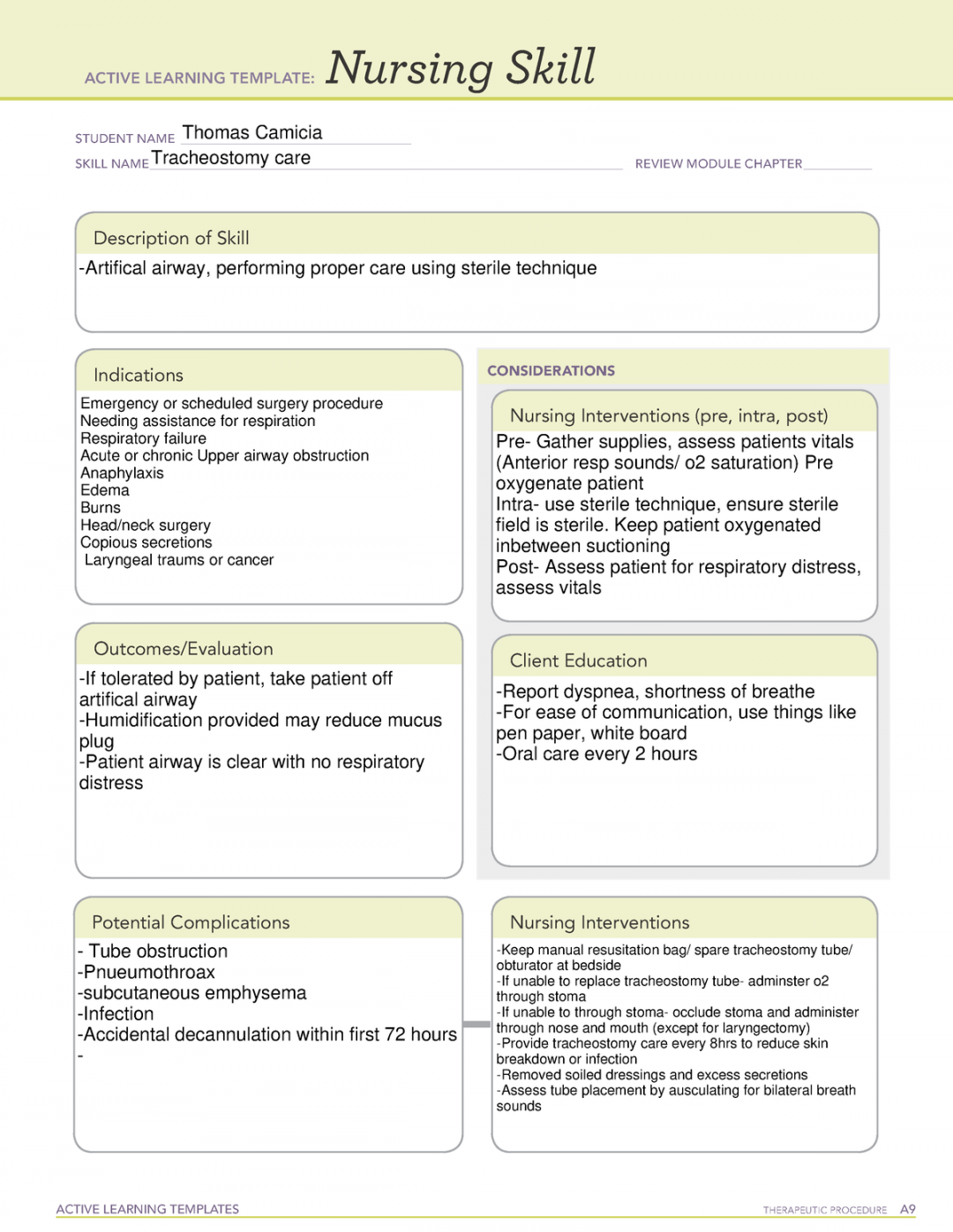 Nursing Skill Trach care - ACTIVE LEARNING TEMPLATES THERAPEUTIC