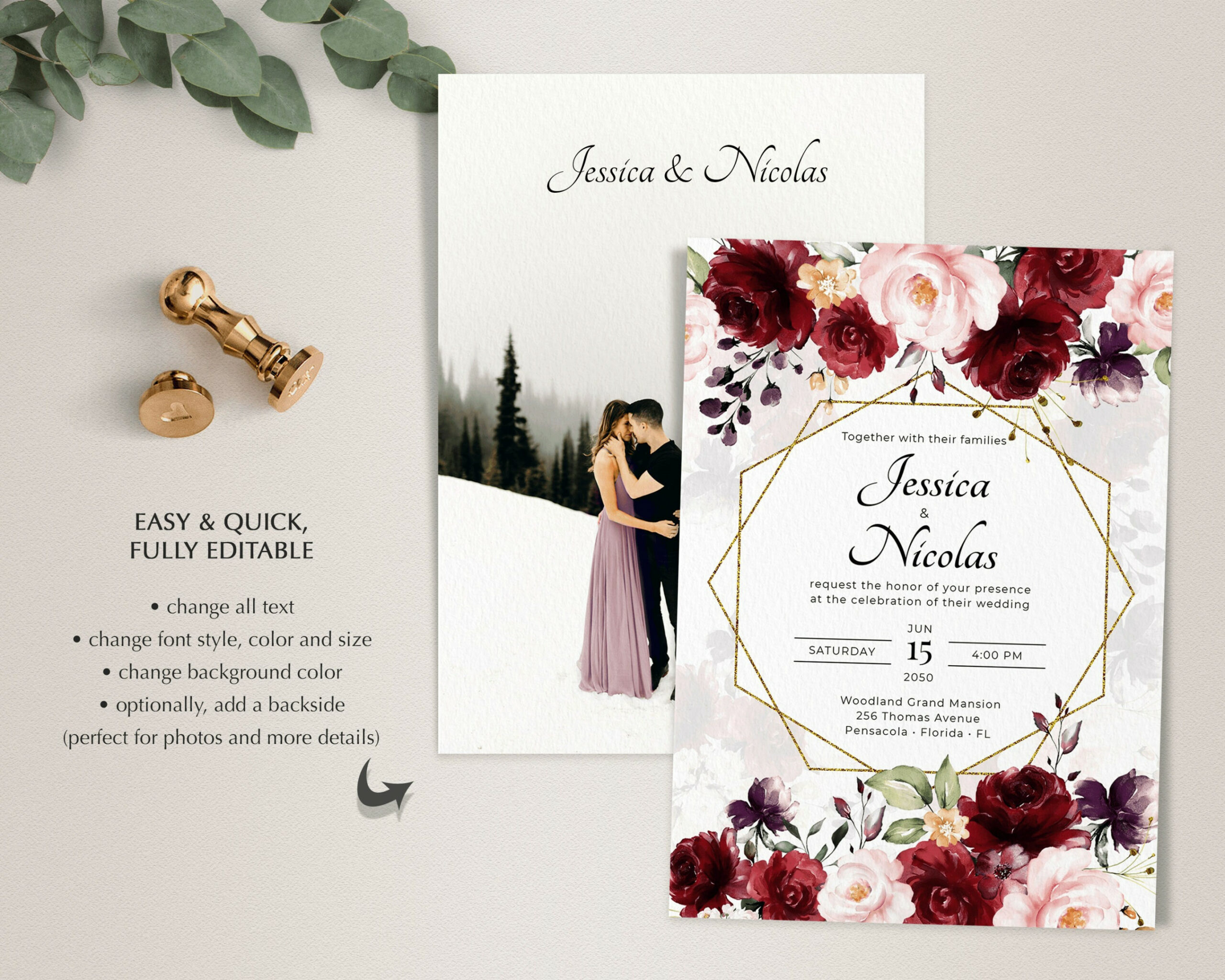 Burgundy Wedding Invitation Template Suite Floral Marsala - Etsy