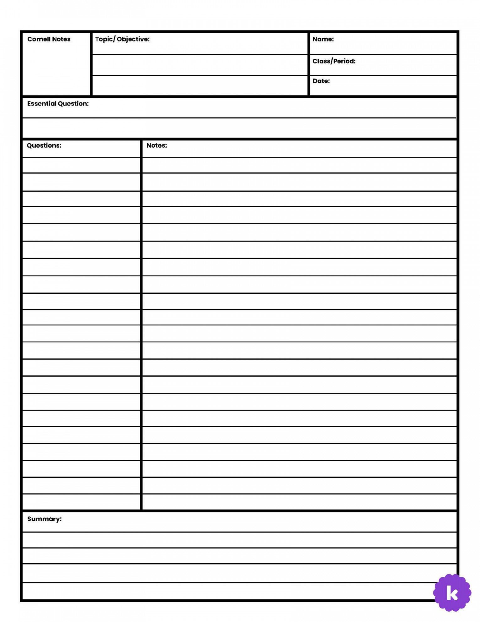 Cornell Notes  Lined for Teachers  Perfect for grades th, th