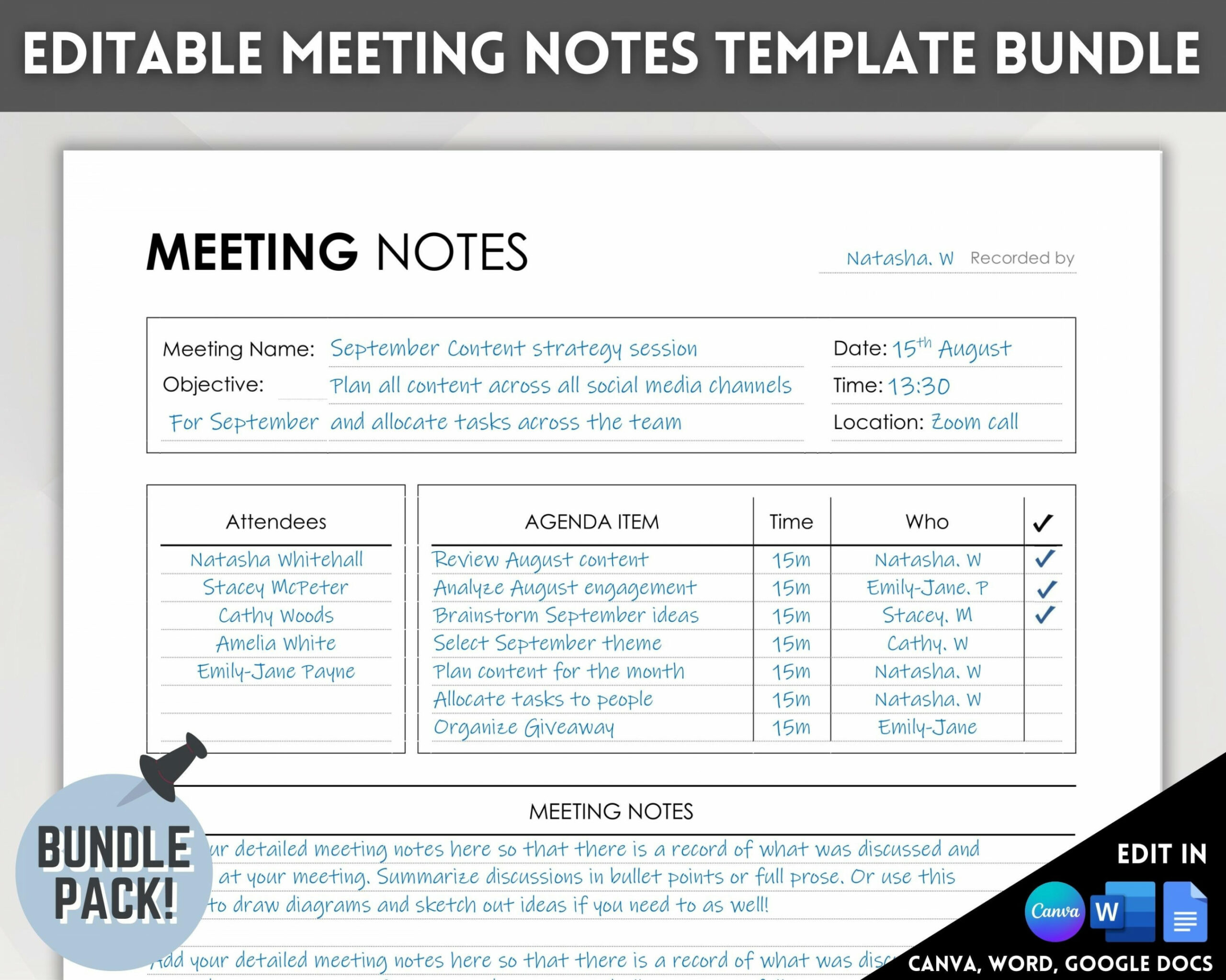 Editable Meeting Notes Template Printable Business Meeting - Etsy