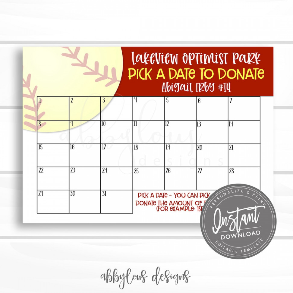 EDITABLE Softball Fundraiser Calendar Pick a Date to Donate - Etsy