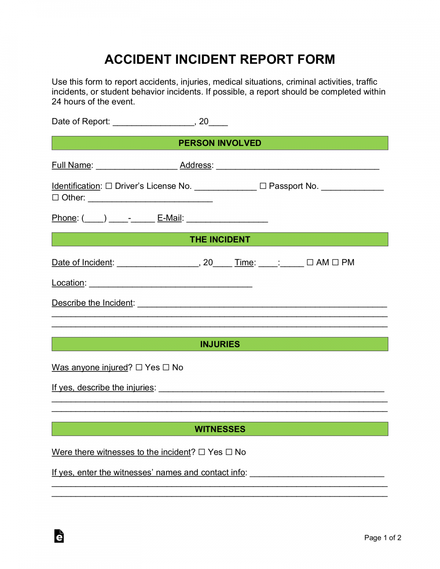 Free Accident Incident Report Form - PDF  Word – eForms