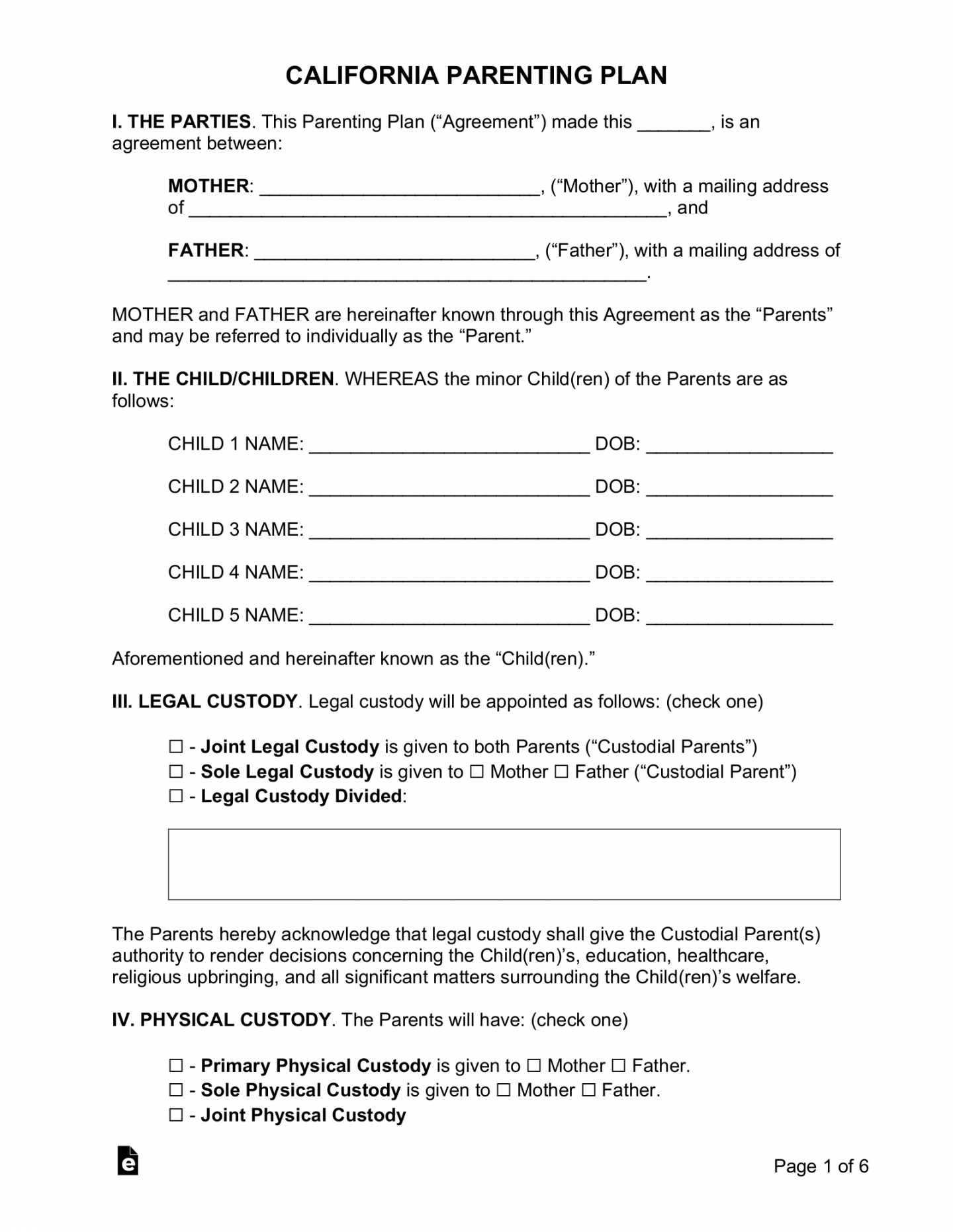 Free California Custody (Parenting) Plan - PDF  Word – eForms