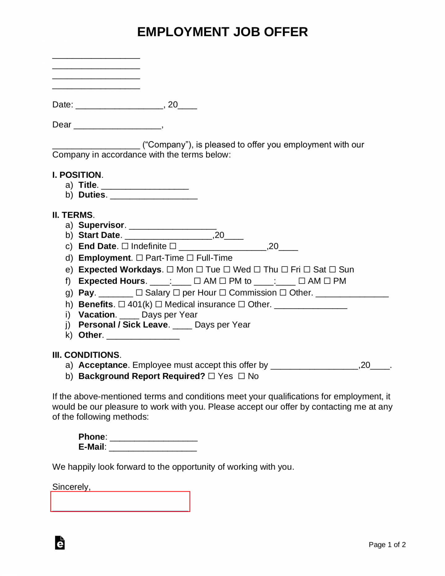 Free Employment Offer Letter Template  Sample - PDF  Word – eForms