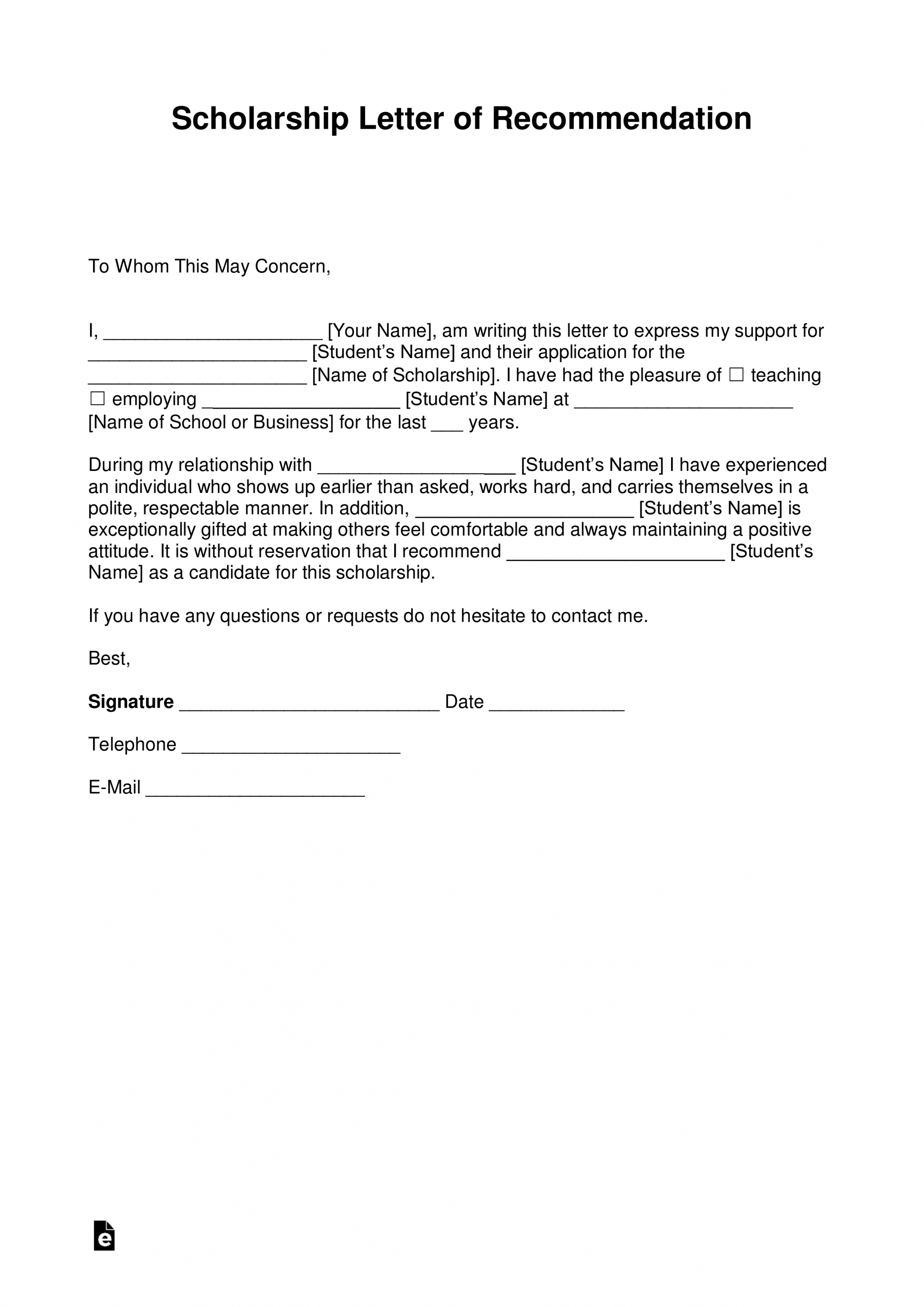 Free Recommendation Letter for Scholarship Template - with Samples