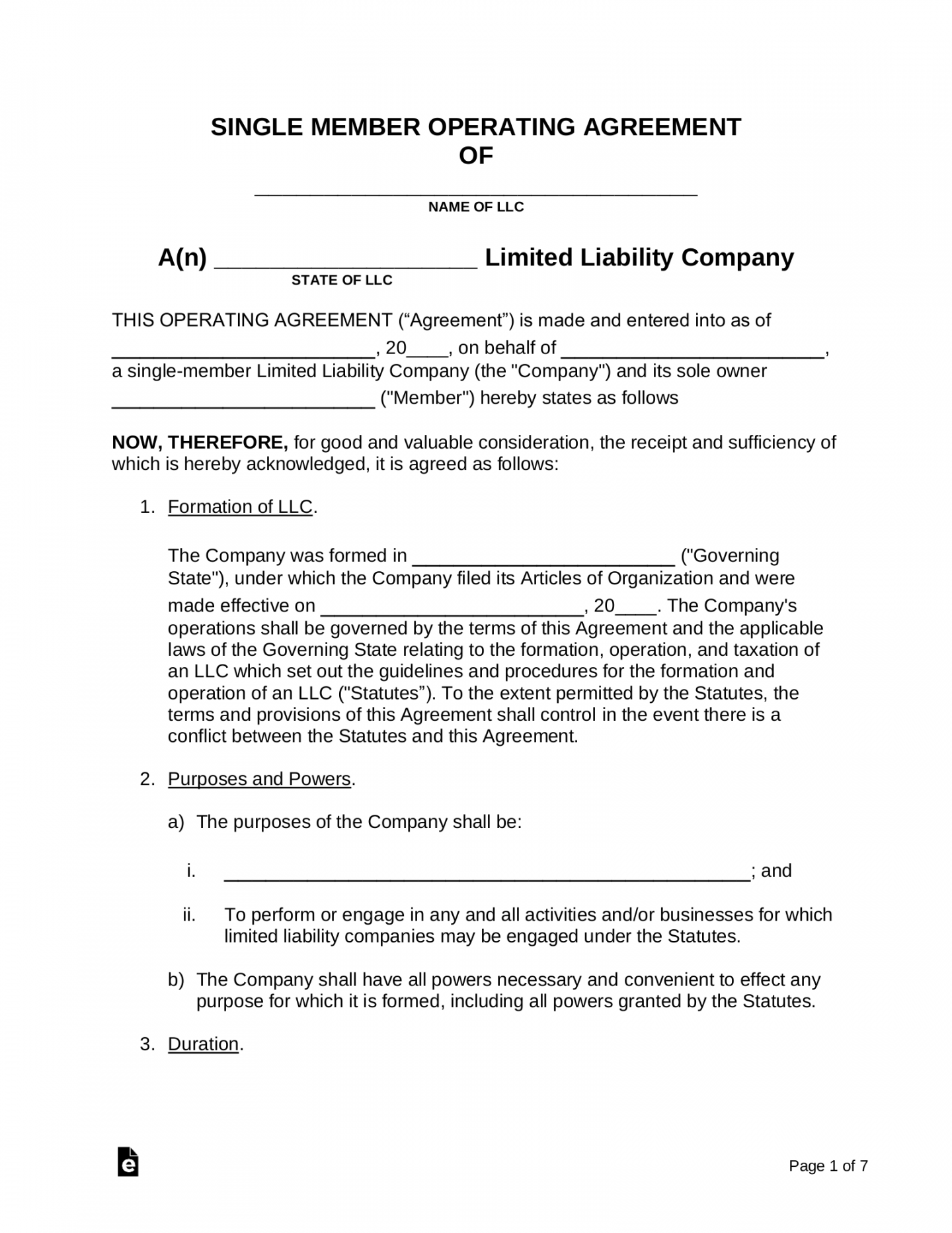 Free Single-Member LLC Operating Agreement Template - PDF  Word