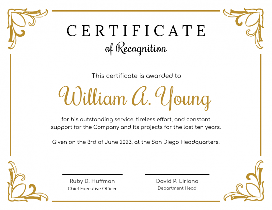 Golden Certificate Of Recognition Template - Venngage