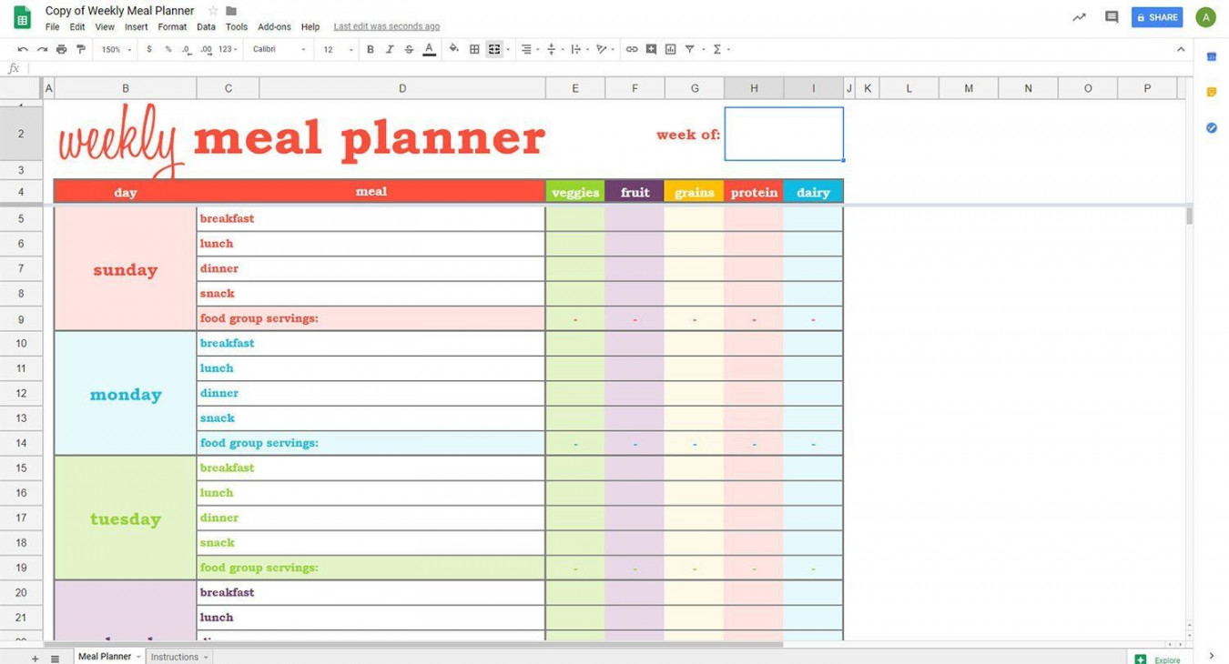 Google Sheets Meal Planner Template Elegant Weekly Meal Planner