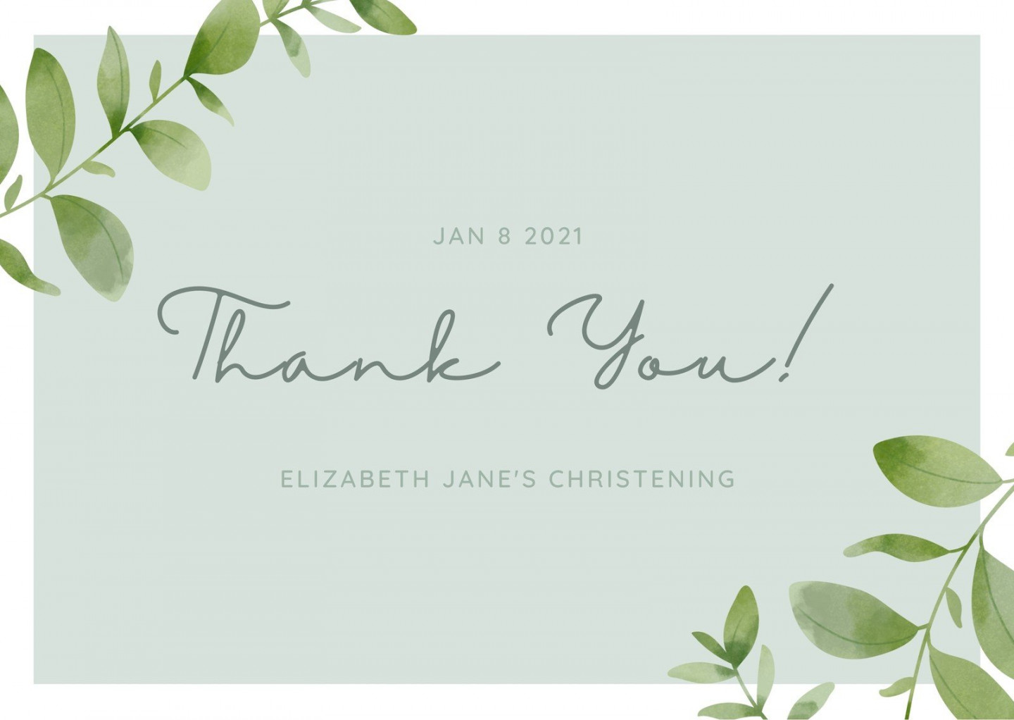 Green Leafy Christening Thank You Card - Templates by Canva