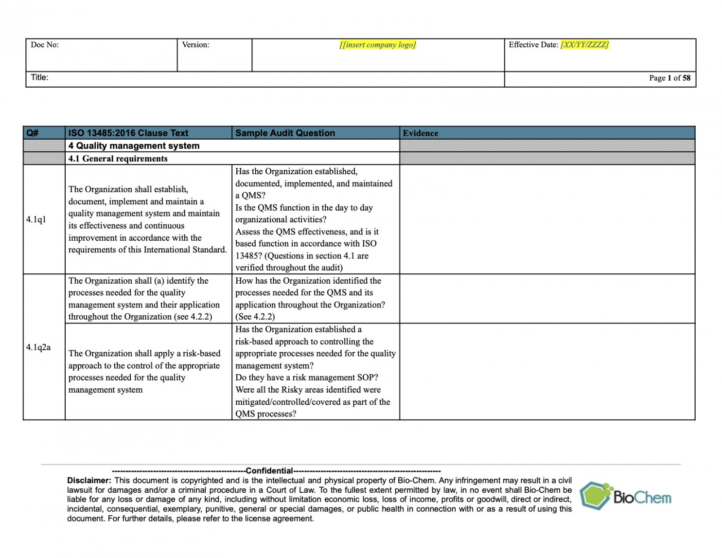 Internal Audit Report Template - Bio Chem Shop