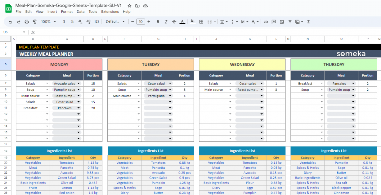 Meal Plan Google Sheets Template