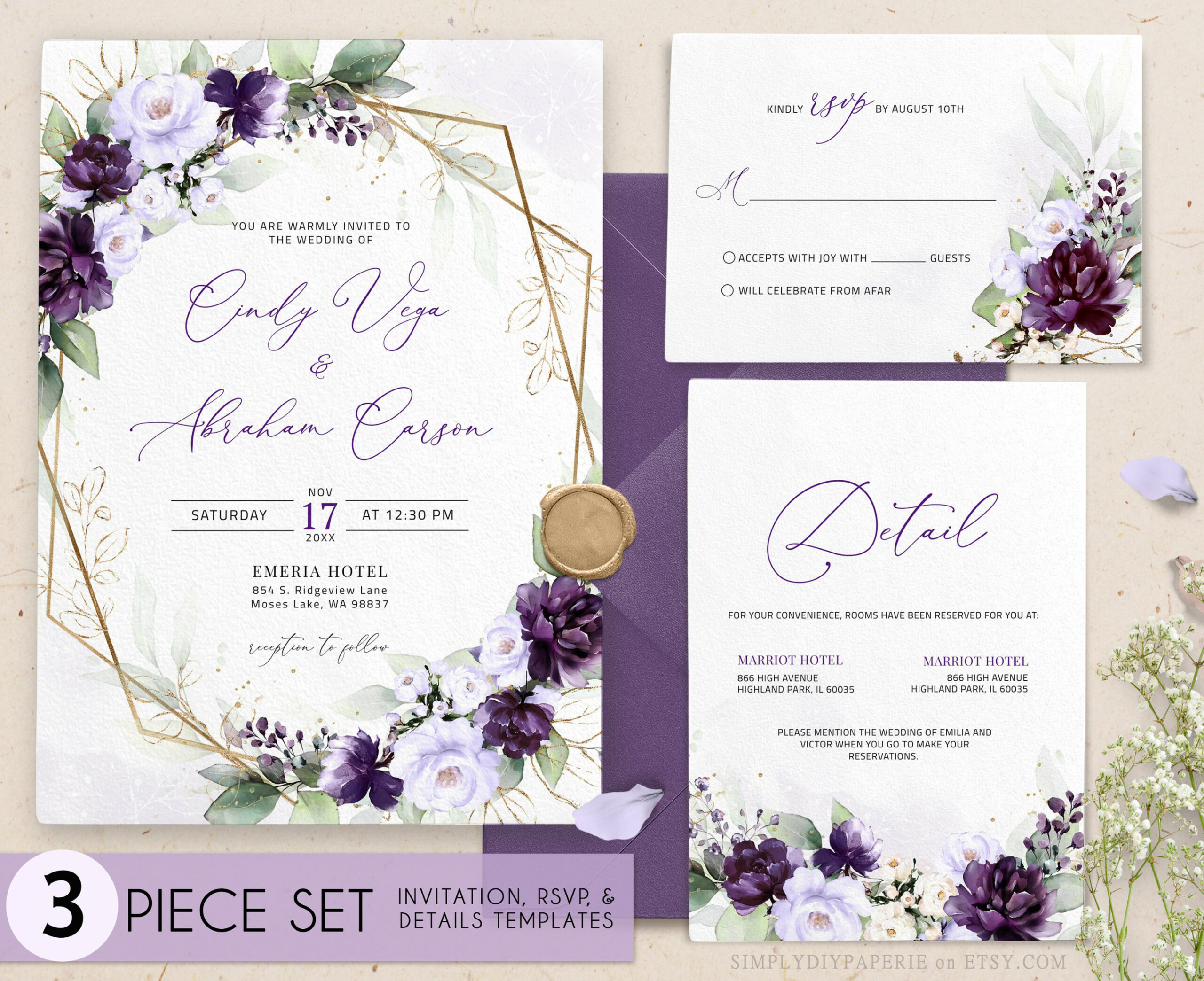 Plum Wedding Invitation Template Purple wedding invitation - Etsy