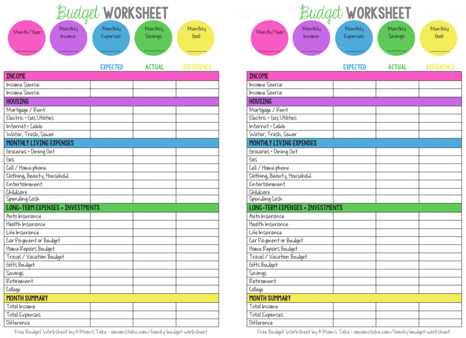 Printable Monthly Family Budget Worksheet - A Mom