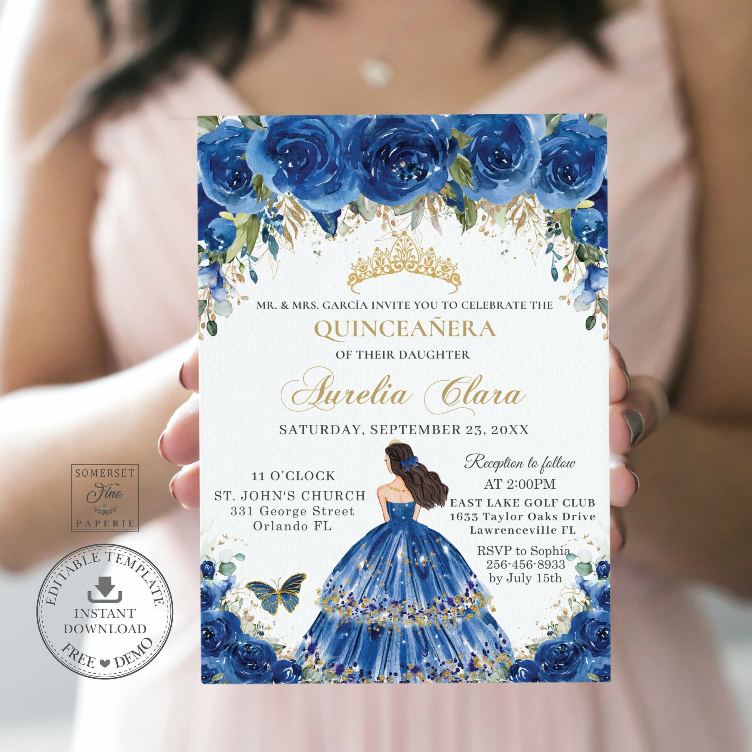 Royal Blue Floral Quinceañera Invitation Printable INSTANT - Etsy