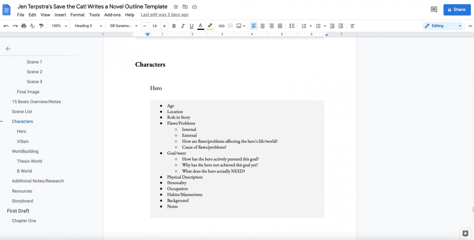 Save the Cat! Writes a Novel Outlining Template for Google Docs