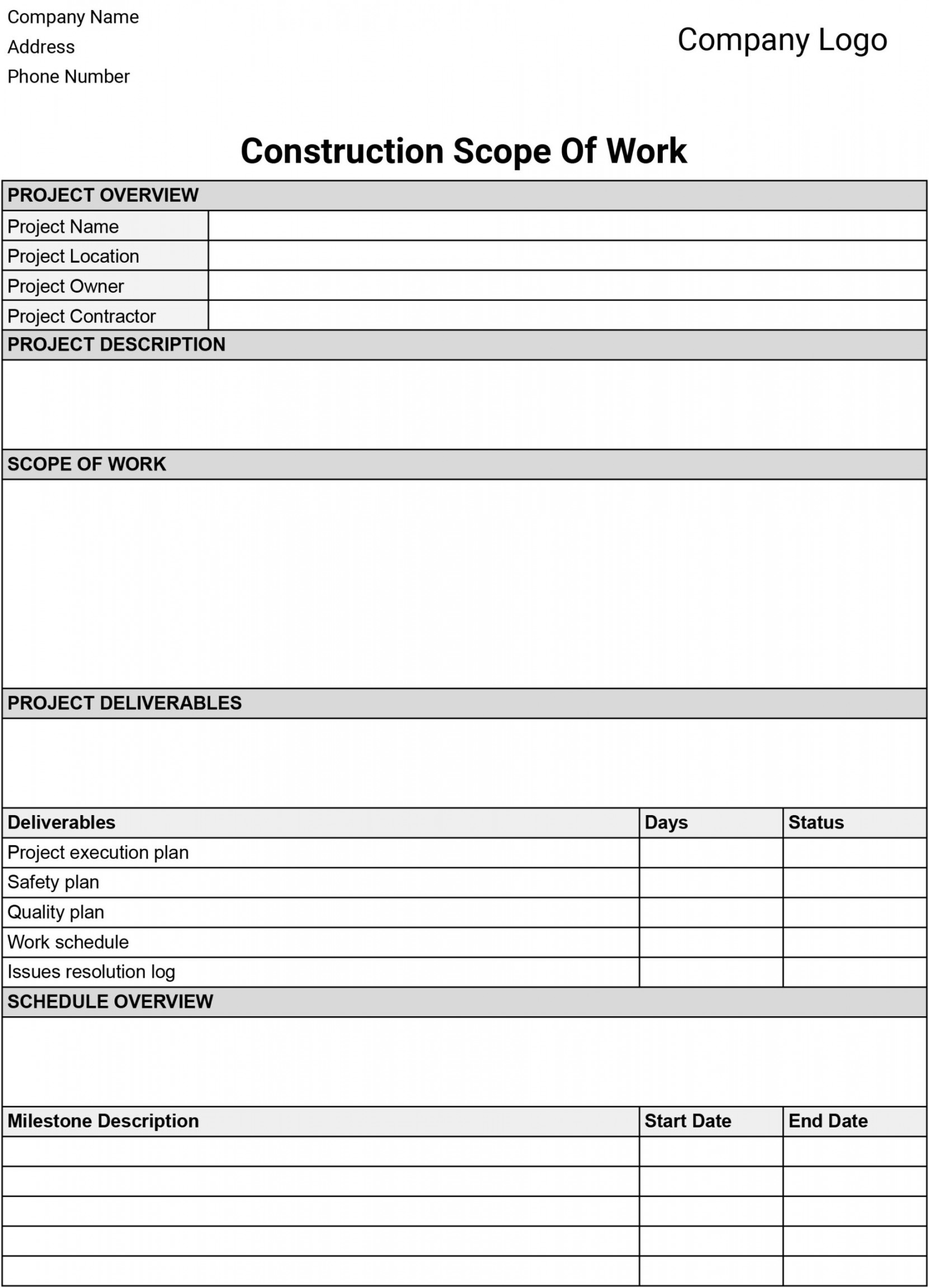 Scope Of Work Construction Templates: Download & Print for Free!