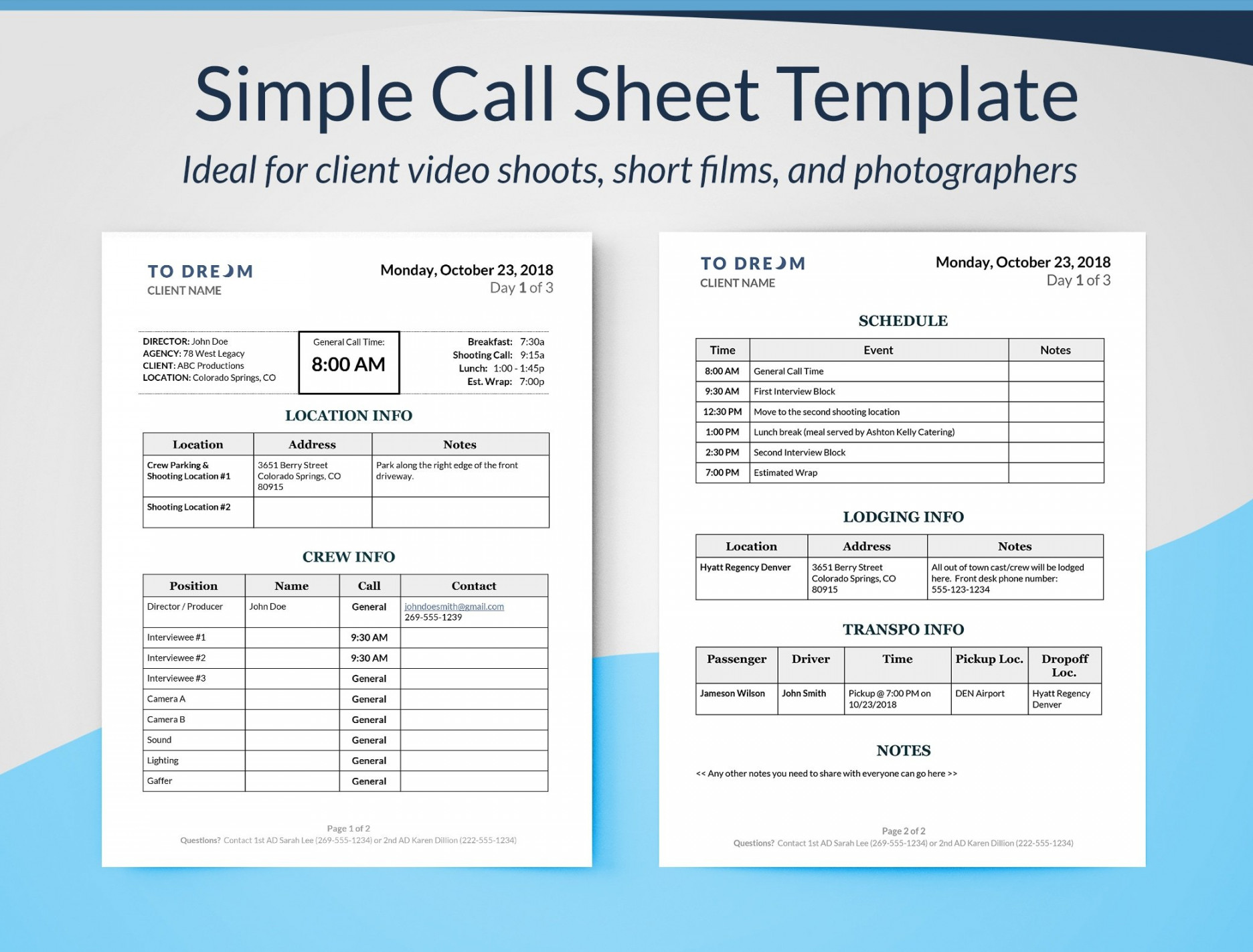 Simple Call Sheet Template - SetHero