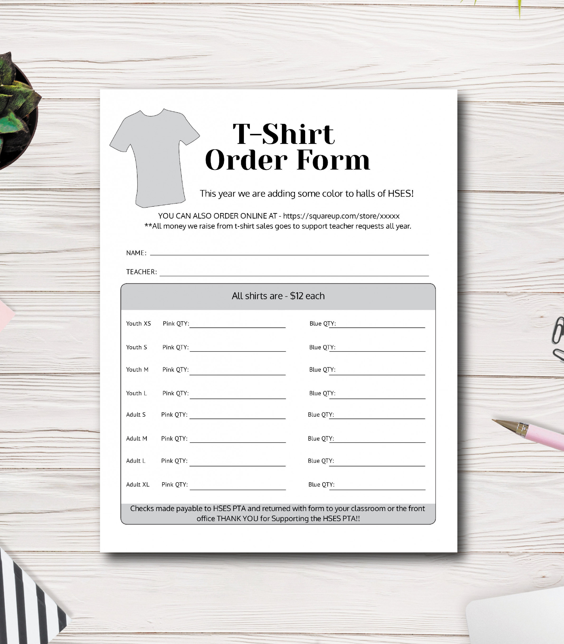 T-shirt Order Form Template PTA PTSA PTO Church Fundraiser - Etsy