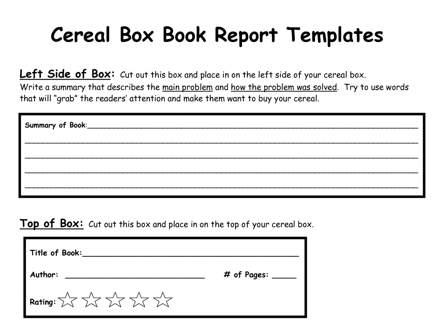 template for cereal box report  Cereal box book report, Book