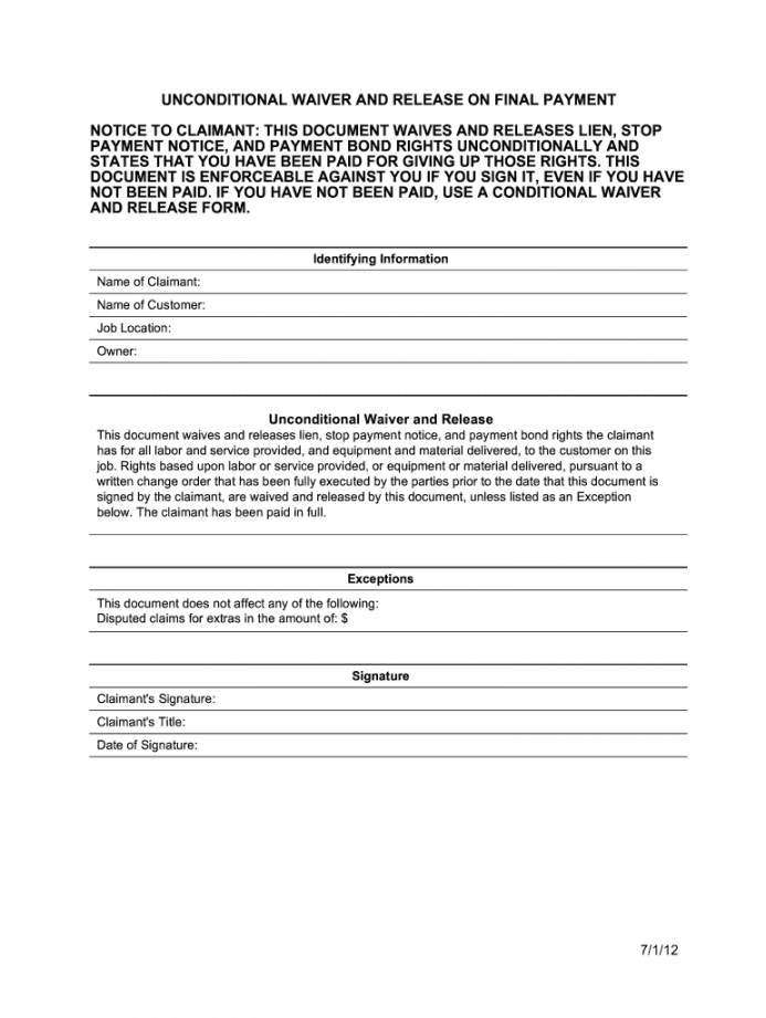 Unconditional Lien Waiver Template - Fill Online, Printable