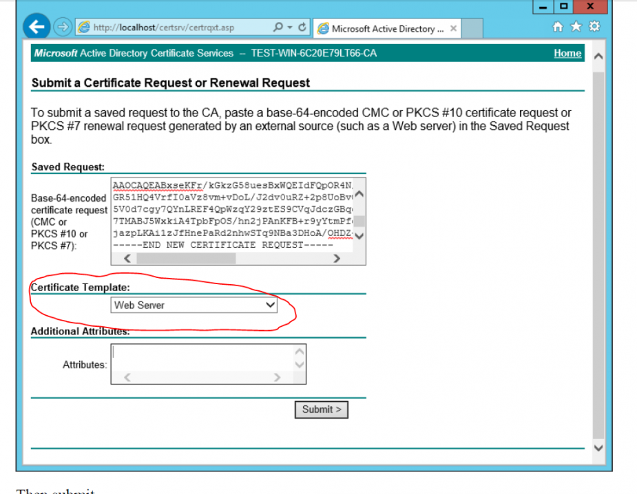 windows server  r - AD Certificate services - The combobox to