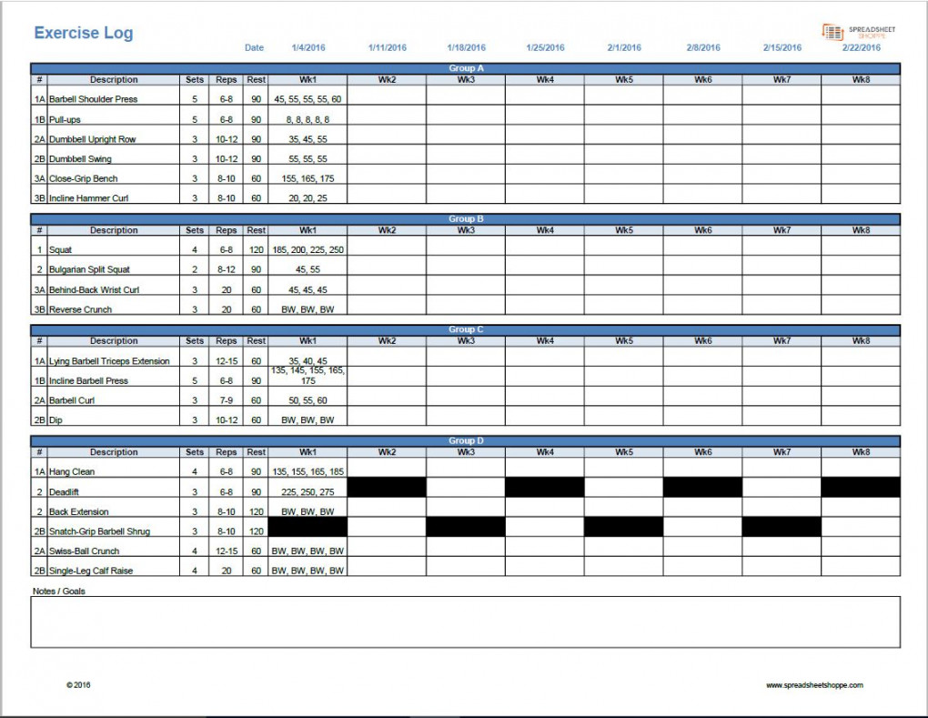 Workout Log Template - https://www.spreadsheetshoppe