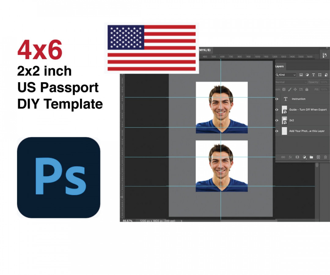 x US Passport Photo DYI Photoshop Template mit Ebenen