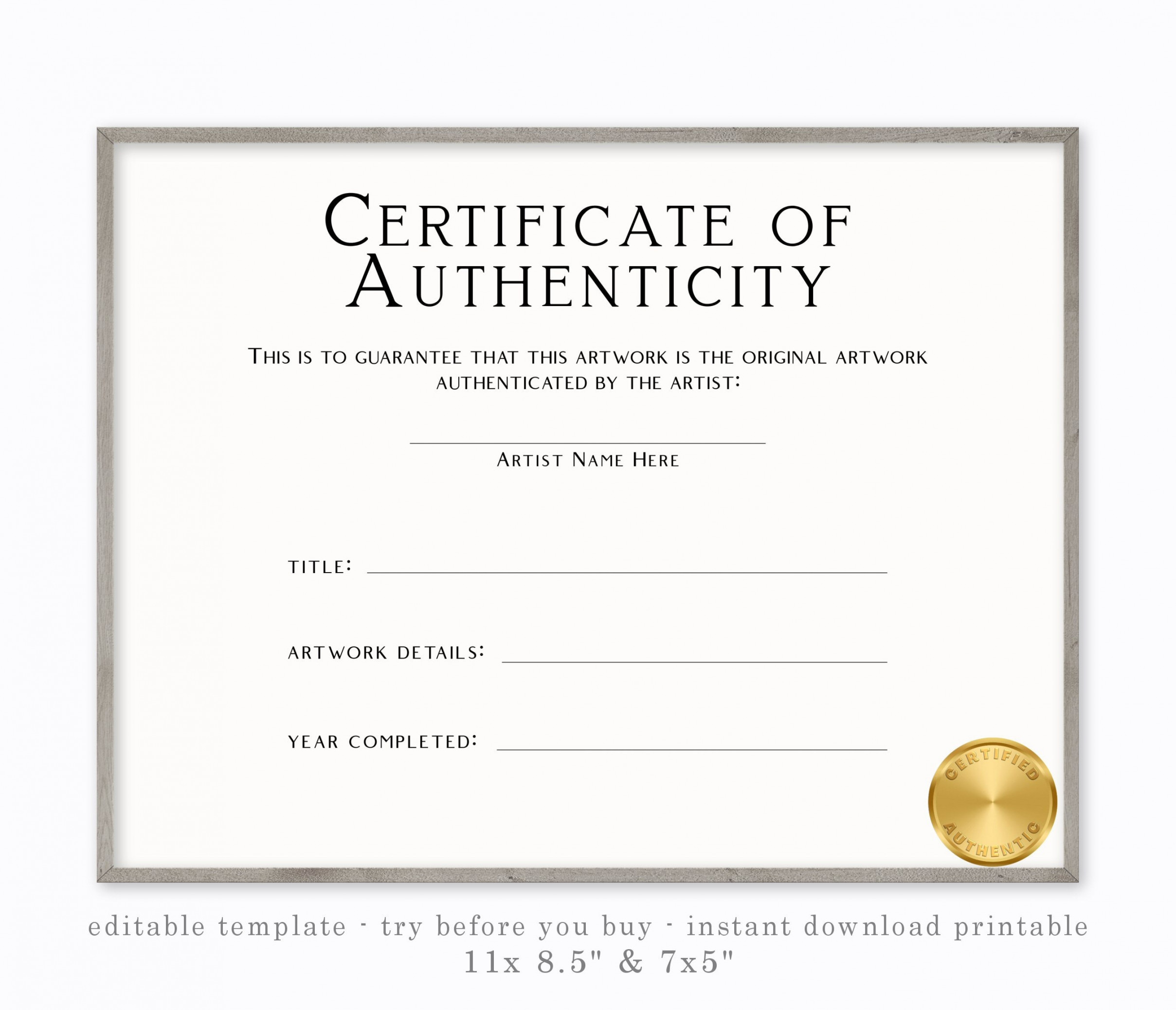 Certificate of Authenticity Template Editable Printable Document