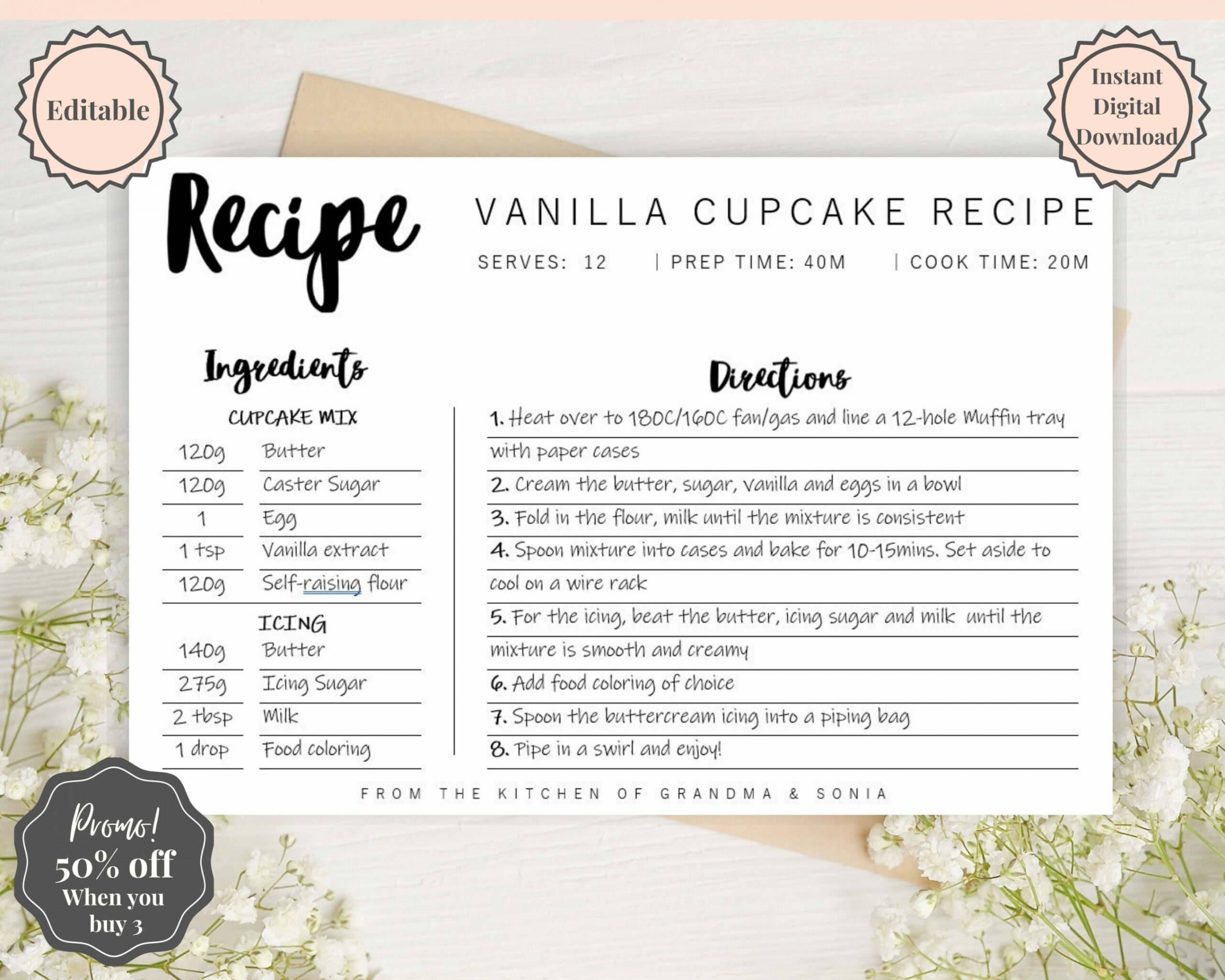 EDITABLE Recipe Card Template Recipe Template Recipe Cards - Etsy