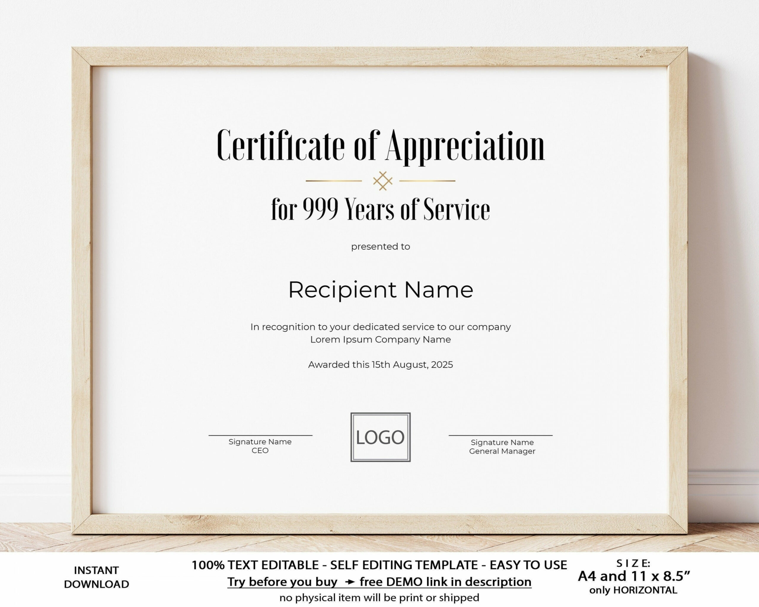 Editable Years of Service Certificate of Appreciation Template