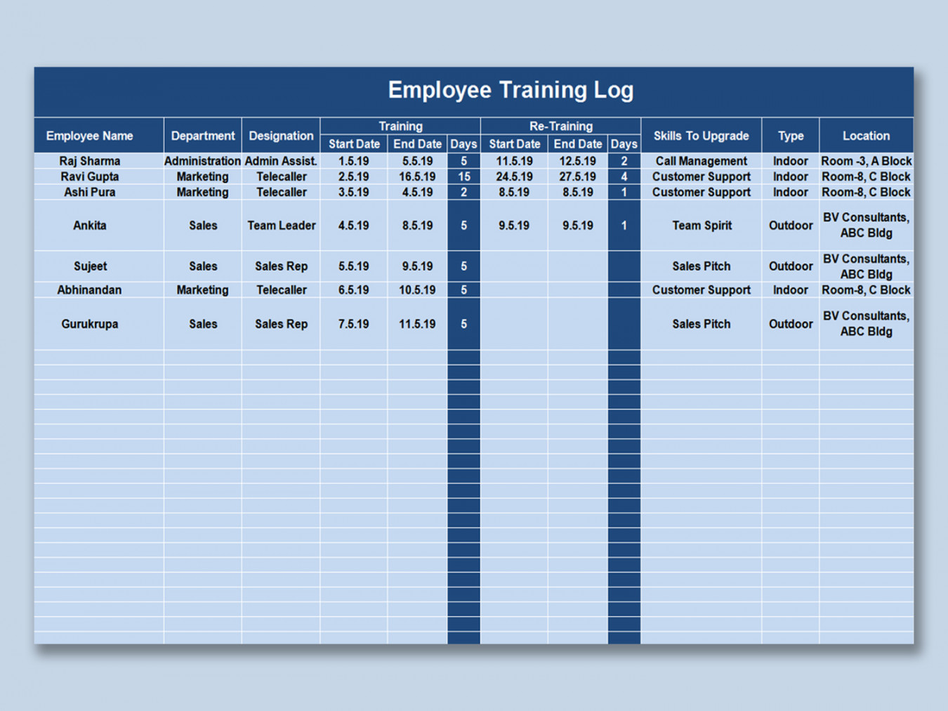 EXCEL of Employee Training Log