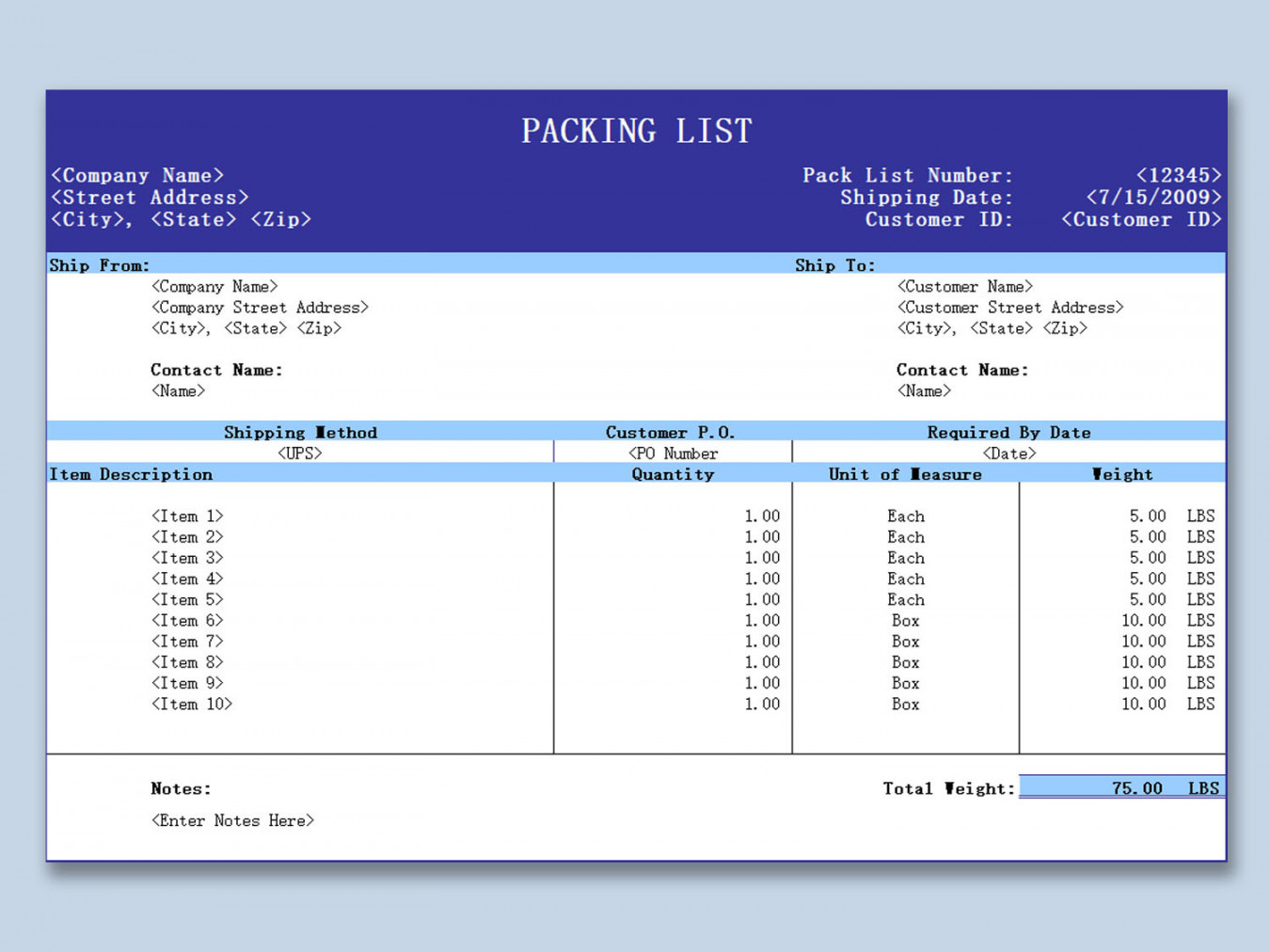 EXCEL of Packing List Template