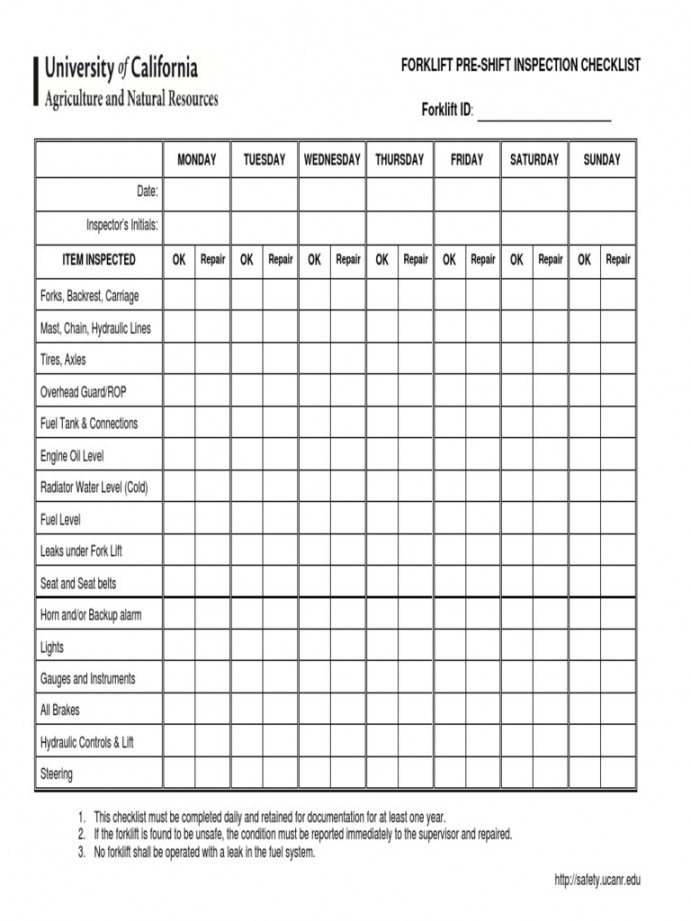 Forklift Pre-Shift Inspection Checklist Forklift ID: Monday