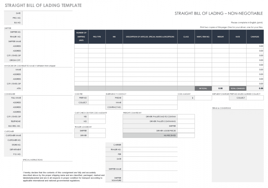 Free Bill of Lading Templates  Smartsheet