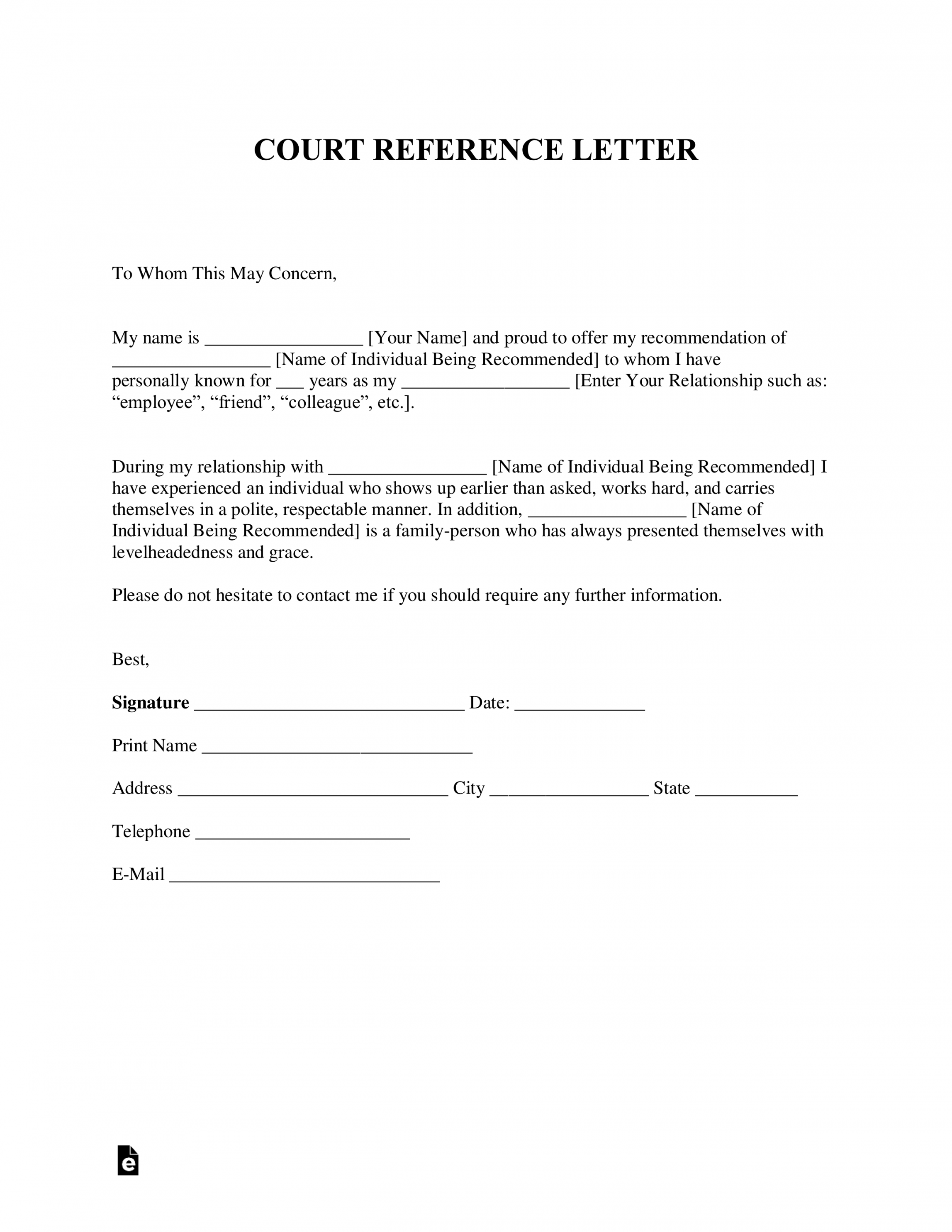 Free Character Reference Letter (for Court) Template - Samples