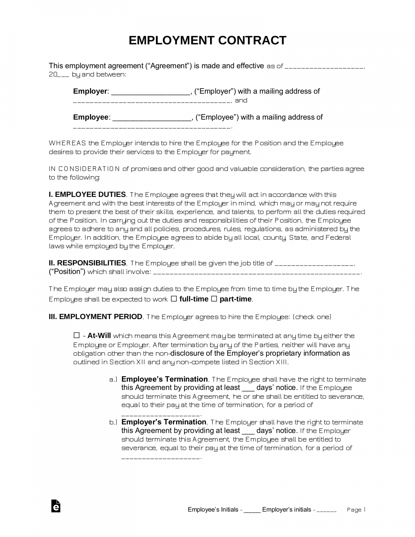 Free Employment Contract Templates - PDF  Word – eForms