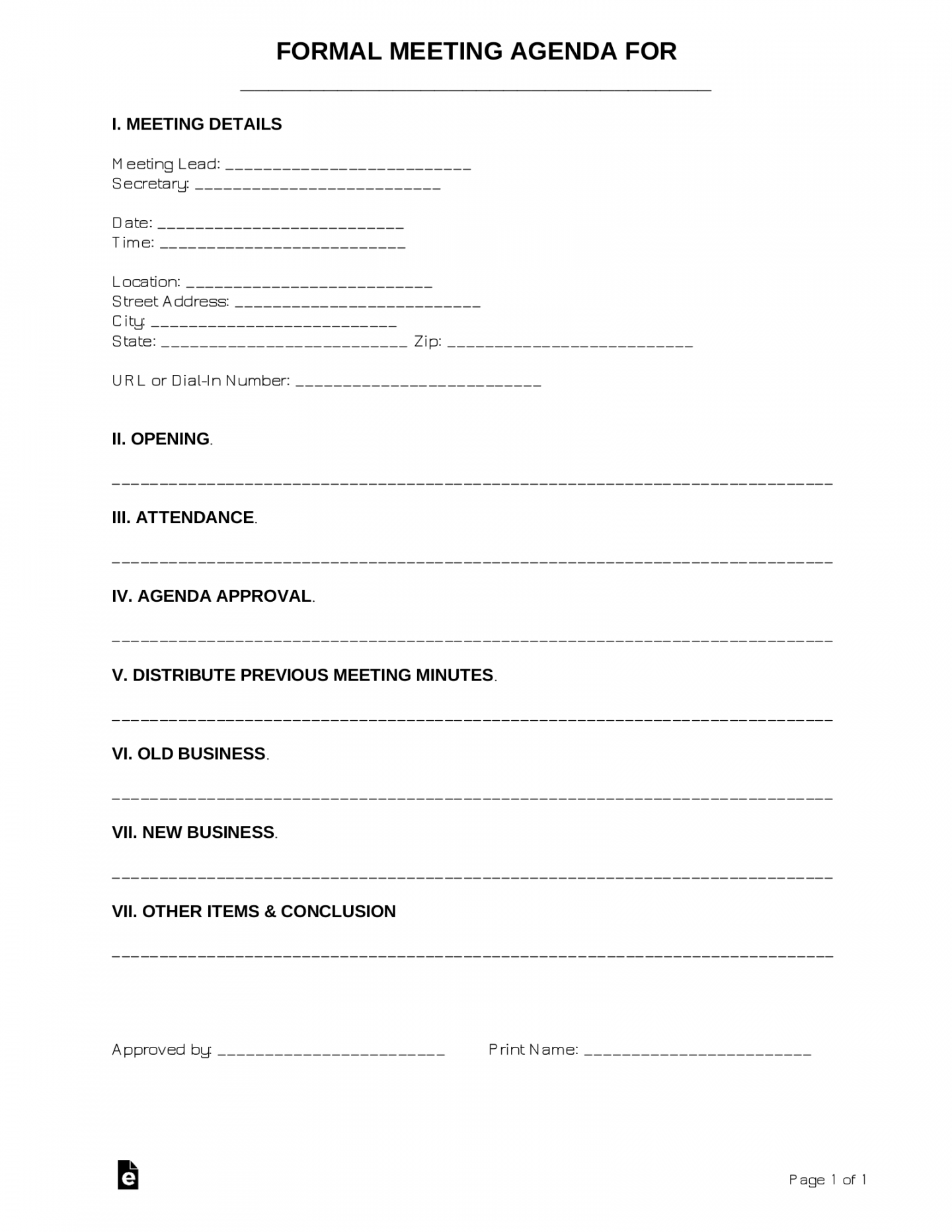 Free Formal Meeting Agenda Template  Sample - PDF  Word – eForms