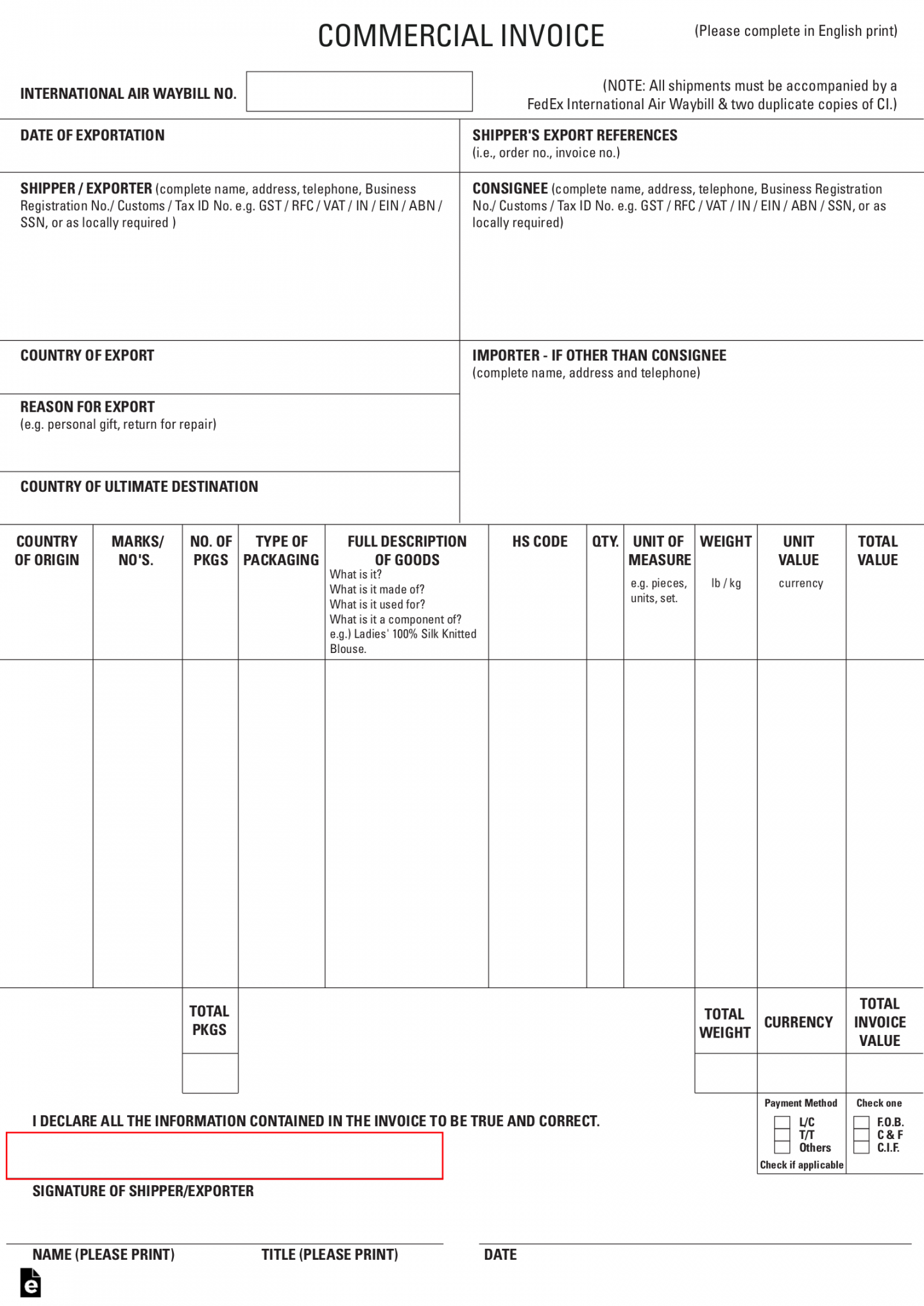 Free International Commercial Invoice Templates - PDF – eForms