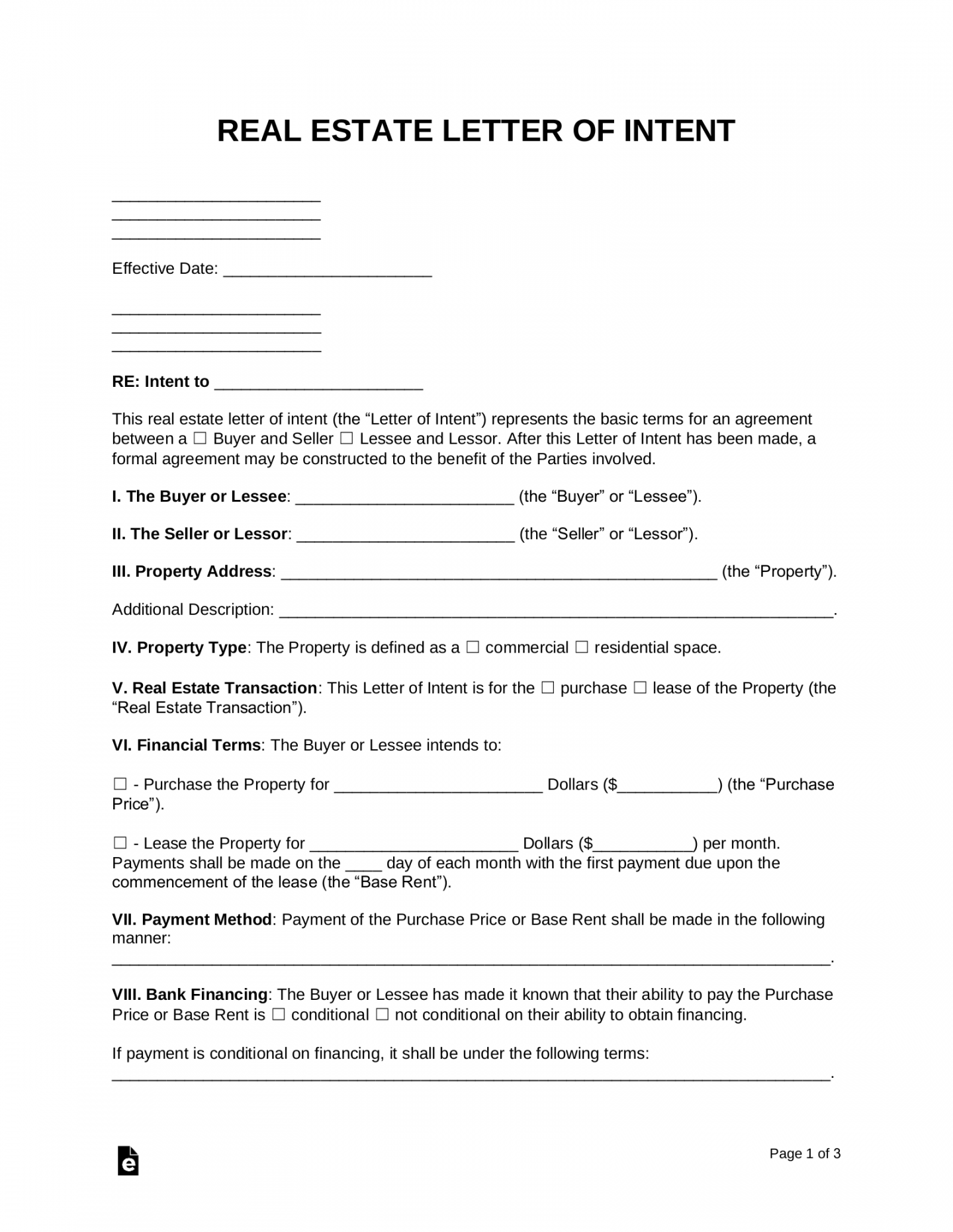 Free Real Estate Letter of Intent (LOI)  Purchase or Lease - PDF